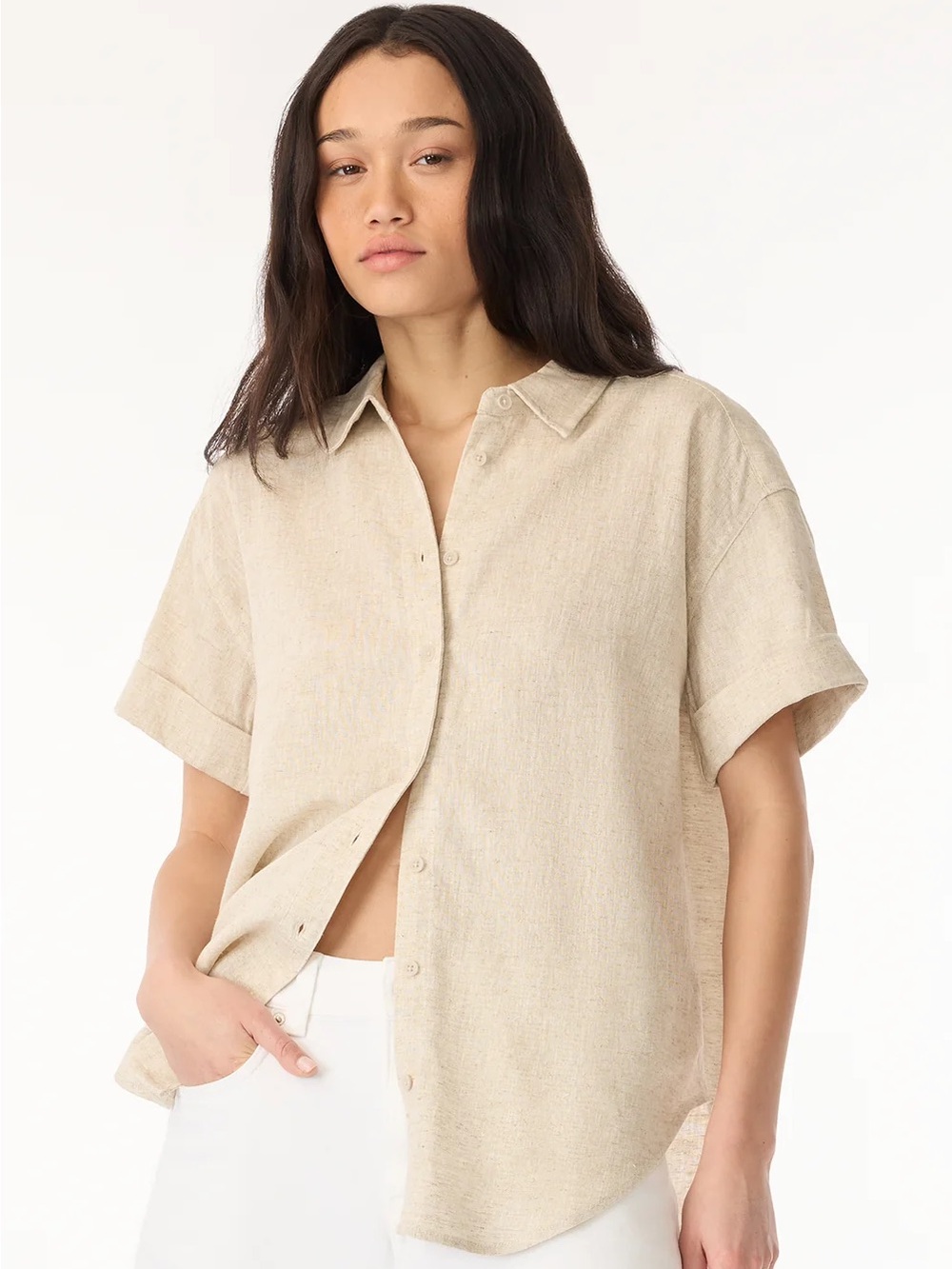 Linen Blend Cream Short Sleeve Button-Up